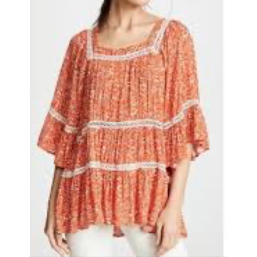 Free People Floral Print tunic‎ Crochet Trim Orange and White  Size S